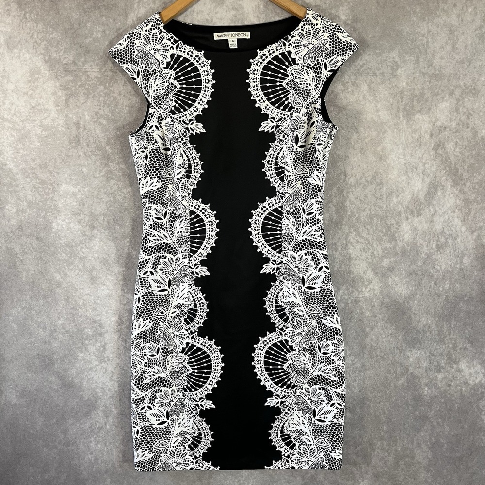 Maggy London Sheath Dress Women 6 Black White Lace Print Cap Sleeve Sheath